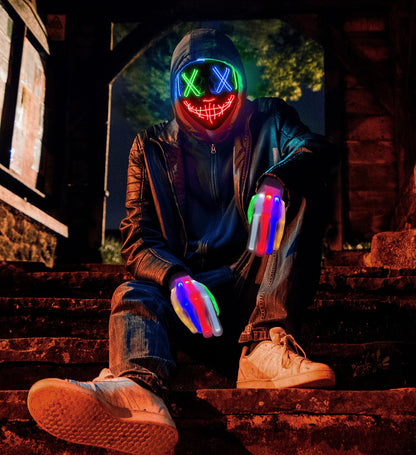 Halloween Mask Skeleton Gloves Set, Light Up Scary LED Mask with Glow Gloves, Halloween Costumes for Boys Girls, Redbluegreen