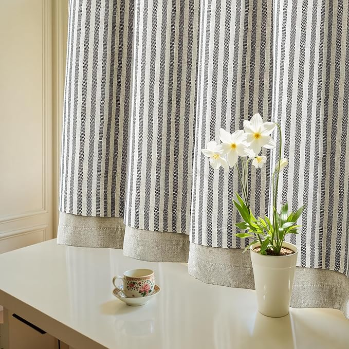 jinchan Double Layer Striped Linen Kitchen Tier Curtain Rustic Cafe for Living Room Bathroom Half Window Curtain Light Filtering Rod Pocket 1 Panel 36 Inch Charcoal Grey