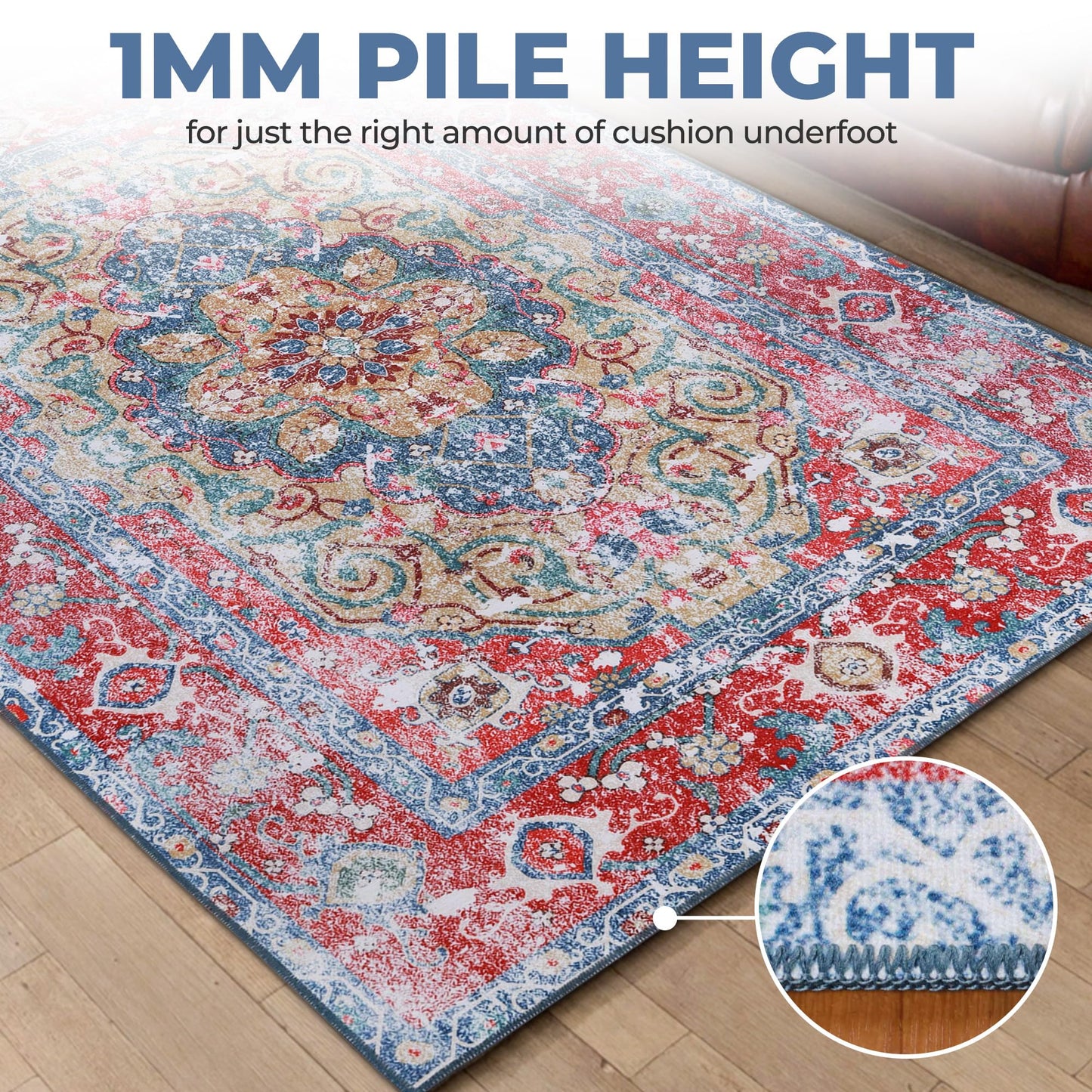 Superior Medallion Washable Rug, Cotton Backing, Carpet for Dining Table Mud Room, Easy Care, Non-Slip Rug for Entry, Living Room, Bedroom, Low Pile Area Rug, Tanager Collection, 10' x 14', Red