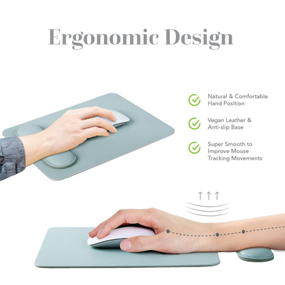 HABITU Vegan Leather Sage Green Mouse Pad with Removable Magnetic Wrist Support & Anti-Slip Base, Ergonomic Mouse Pad with Wrist Rest, Cute Office Desk Accessories for Women and Men