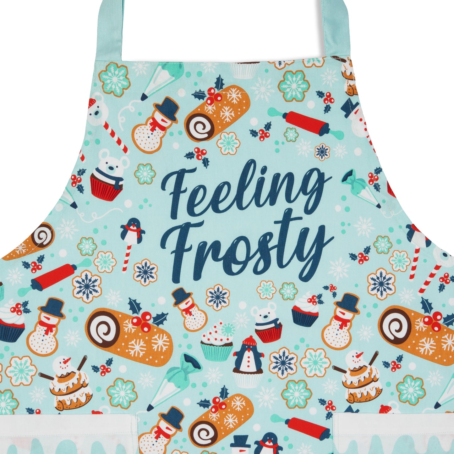 Lavley Feeling Frosty Holiday Themed Cotton Apron for Women, One Size Fits All, Christmas Baking Accessory with Pockets
