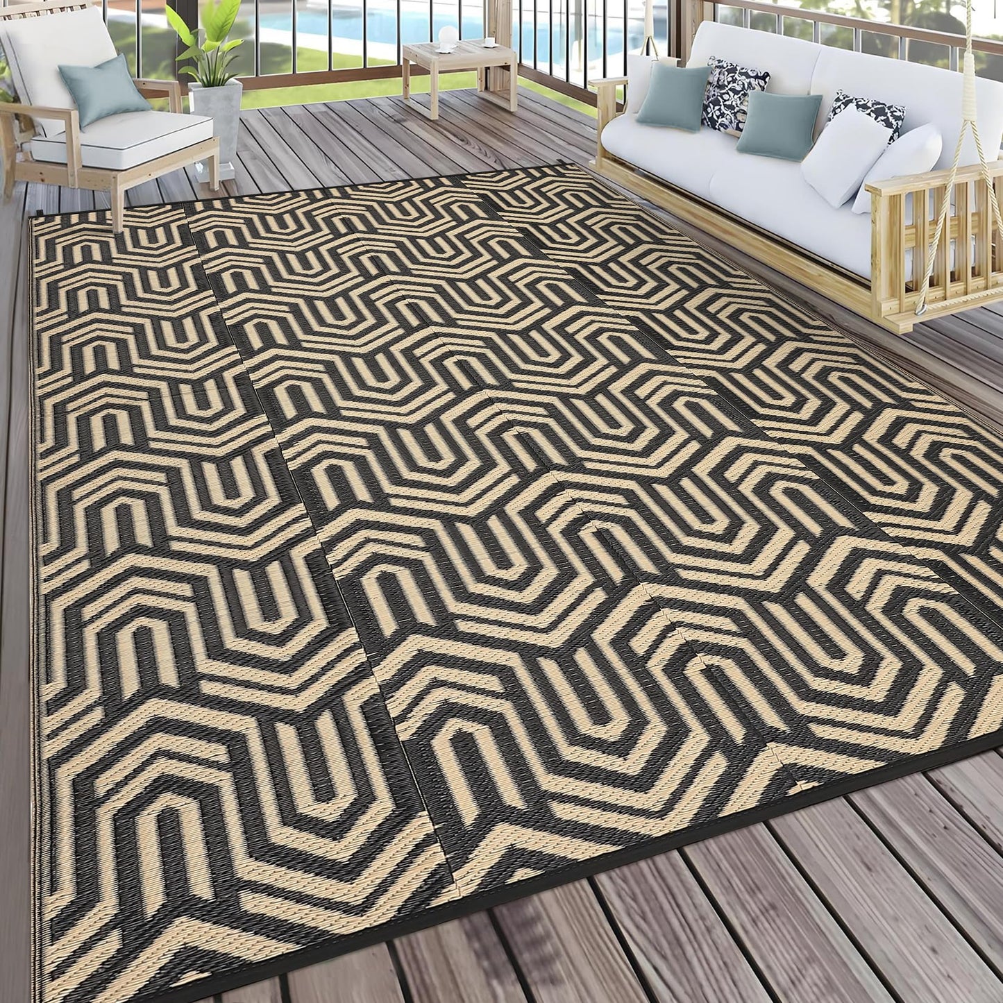 GarveeHome 9'x12' Outdoor Rug Waterproof – Large Patio Mat for Under Dining Table or Sectional Sofa – Low Pile Reversible Plastic Mat, Stain Resistant & Hose Clean, All-Weather UV Coated, Coffee