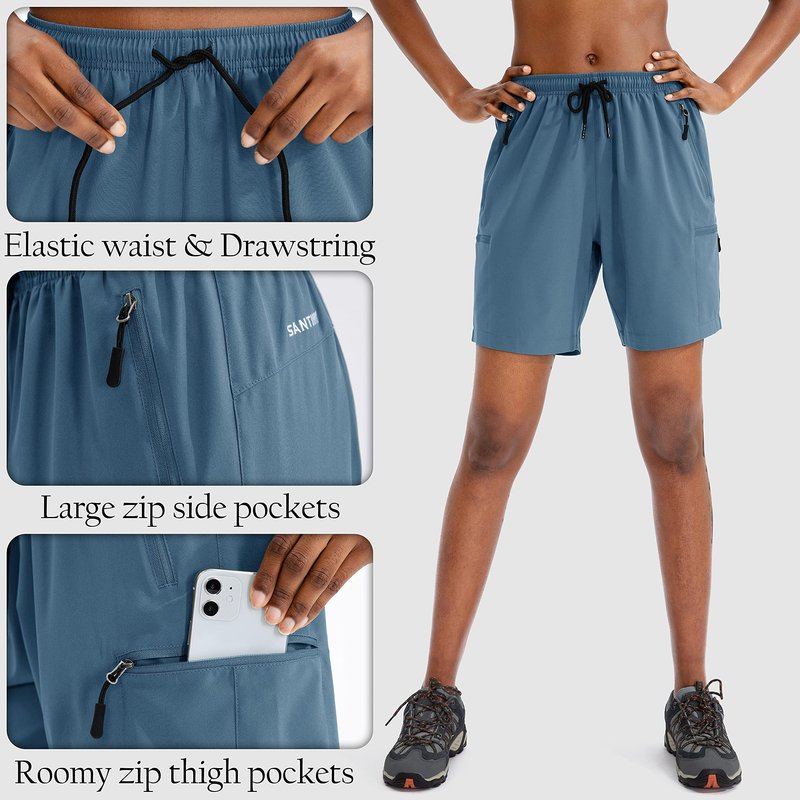 SANTINY Women's 5''/ 7''/9'' Hiking Cargo Shorts Quick Dry Lightweight Summer Shorts for Women Athletic Golf Zipper Pockets(Blue_L)