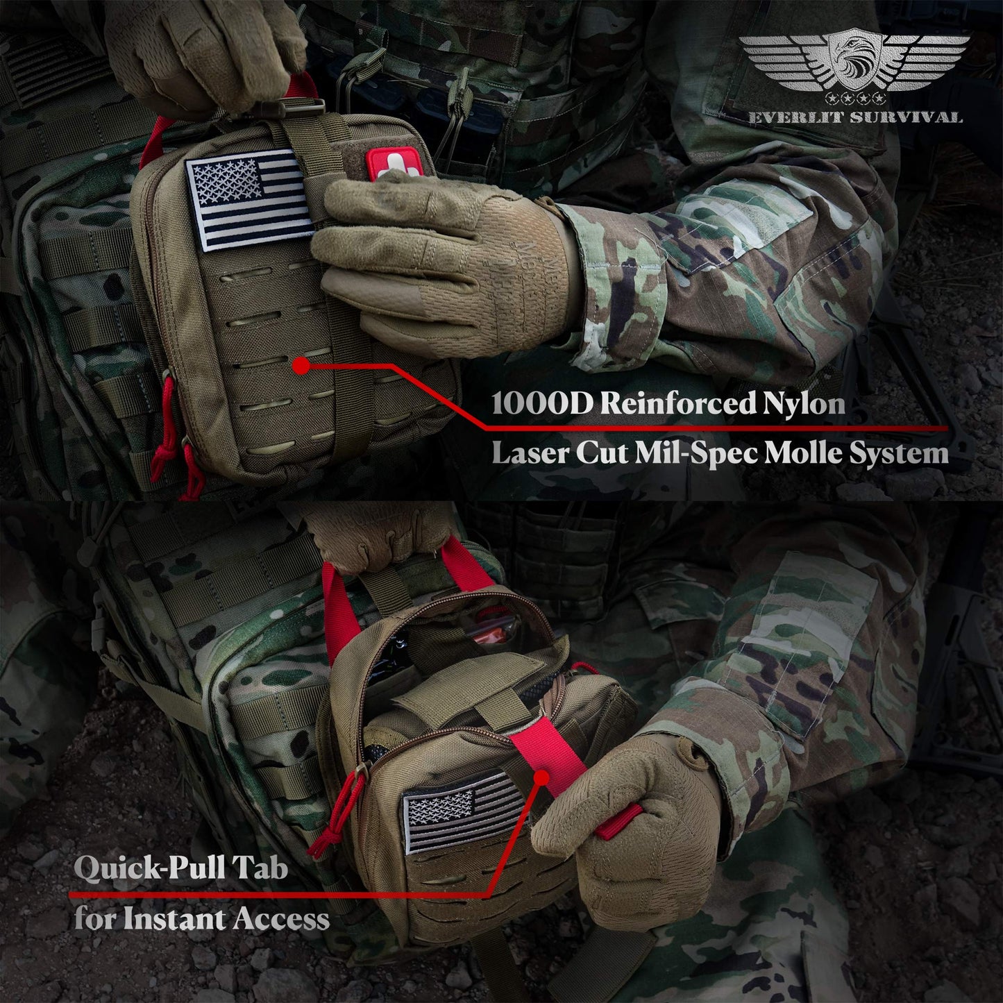 EVERLIT Advanced Emergency Trauma Kit, CAT GEN-7 Tourniquet Mil-Spec Nylon Laser Cut Pouch with 36" Splint, Military Combat Tactical IFAK for First Aid Response Bleeding Control (Coyote Brown)