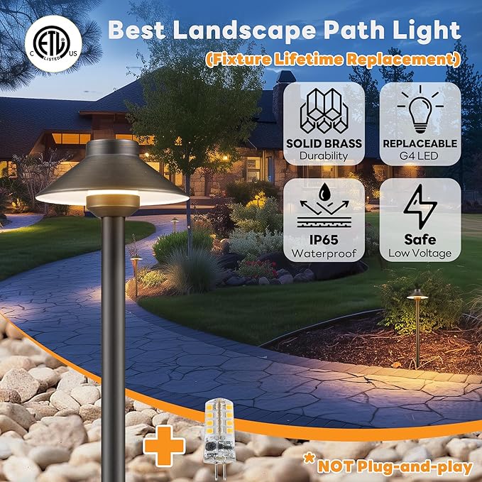 Gardenreet Low Voltage Landscape Lighting Brass, 12v Pathway Lights Waterproof, Hard Wired Path Light Outdoor, Bronze for Exterior Area Patio House with 3W 270LM 3000K Warm White G4 Bulb (4 Pack)
