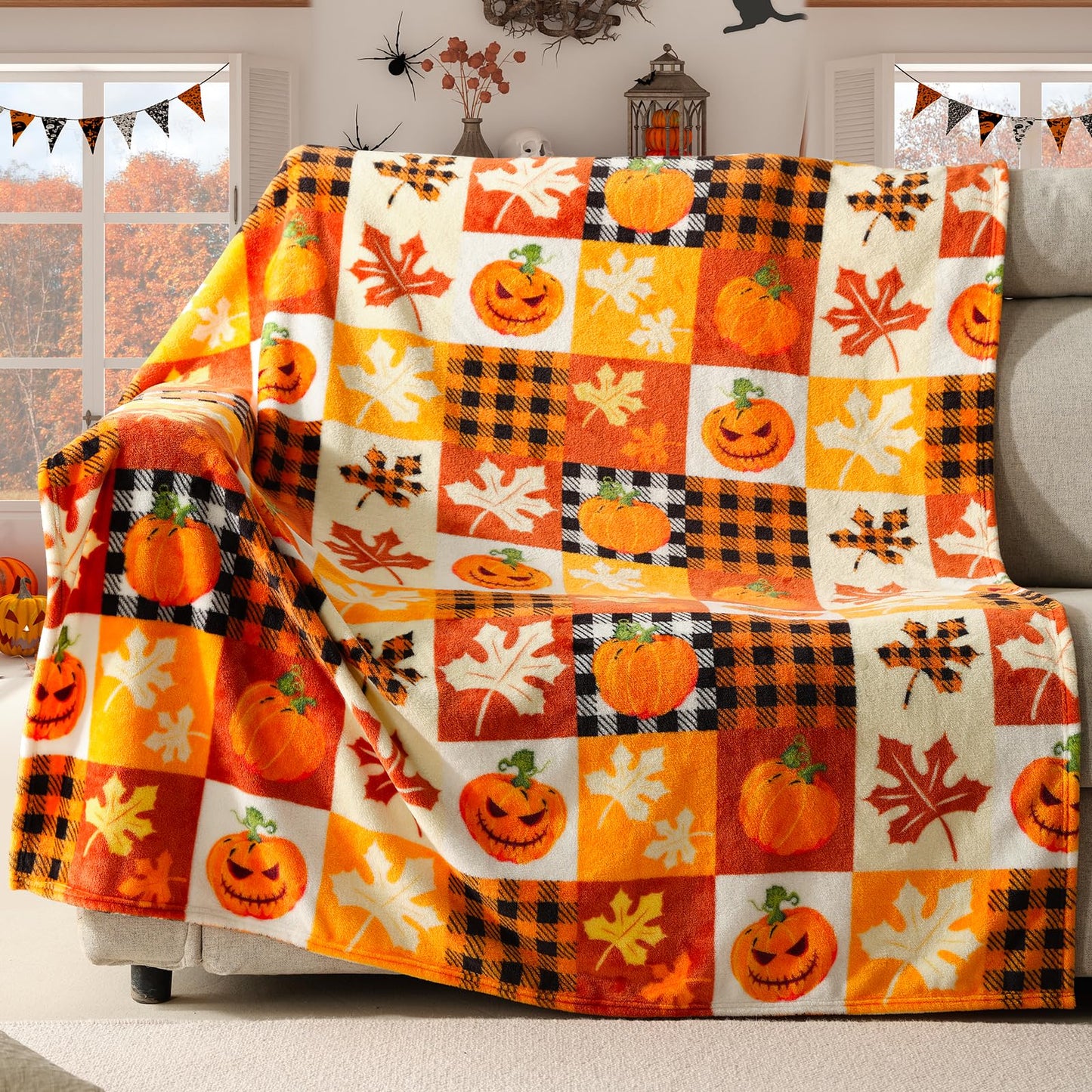 ROMROL Halloween Fleece Throw Blanket, Pumpkin, Leaves Fall Plaid Blanket, Soft Fuzzy Plush for Couch Sofa or Bed, Luxury Flannel Lap Blanket, for Kids, Adults, Wife, Self (50" x 60")