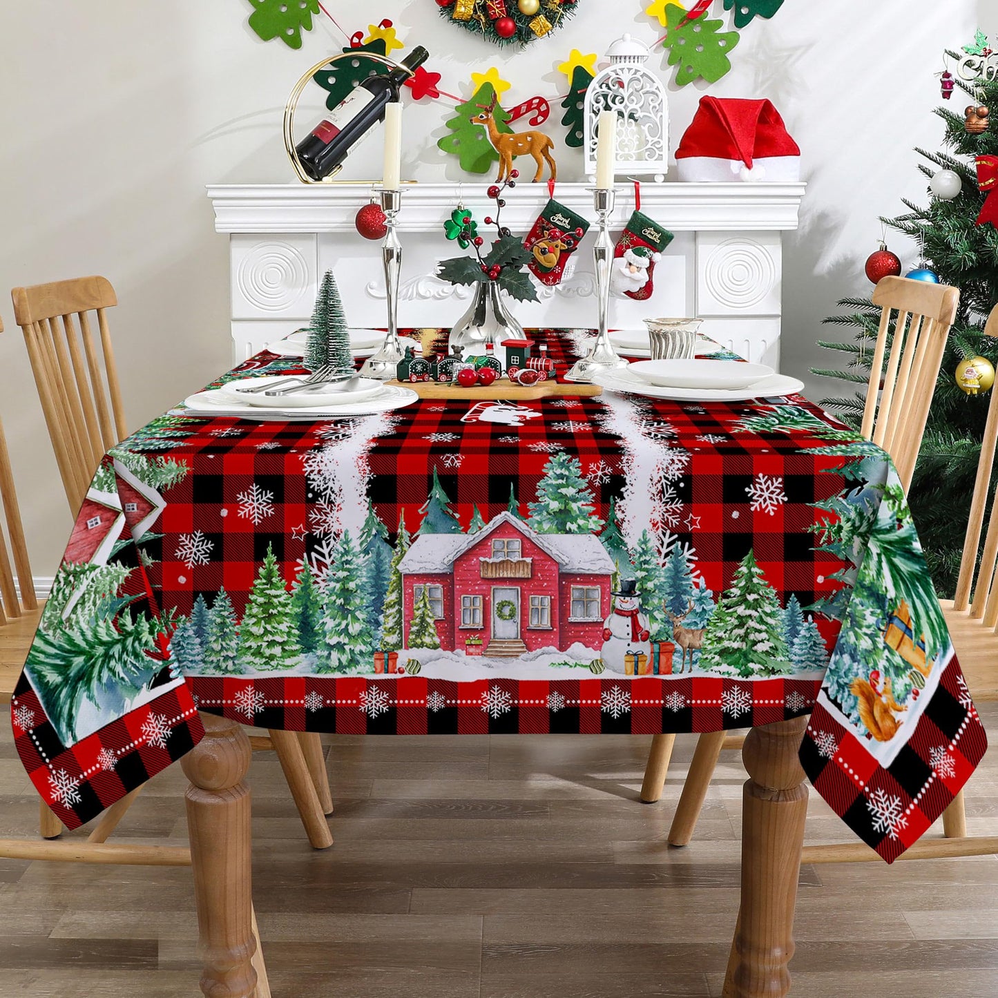 cusugbaso Christmas Tablecloth 60x120 Inches - Red Truck Party Decorations for Home - Christmas Table Cloth for Rectangle Table Xmas Holiday Buffalo Plaid Xmas Decor for Kitchen, Home