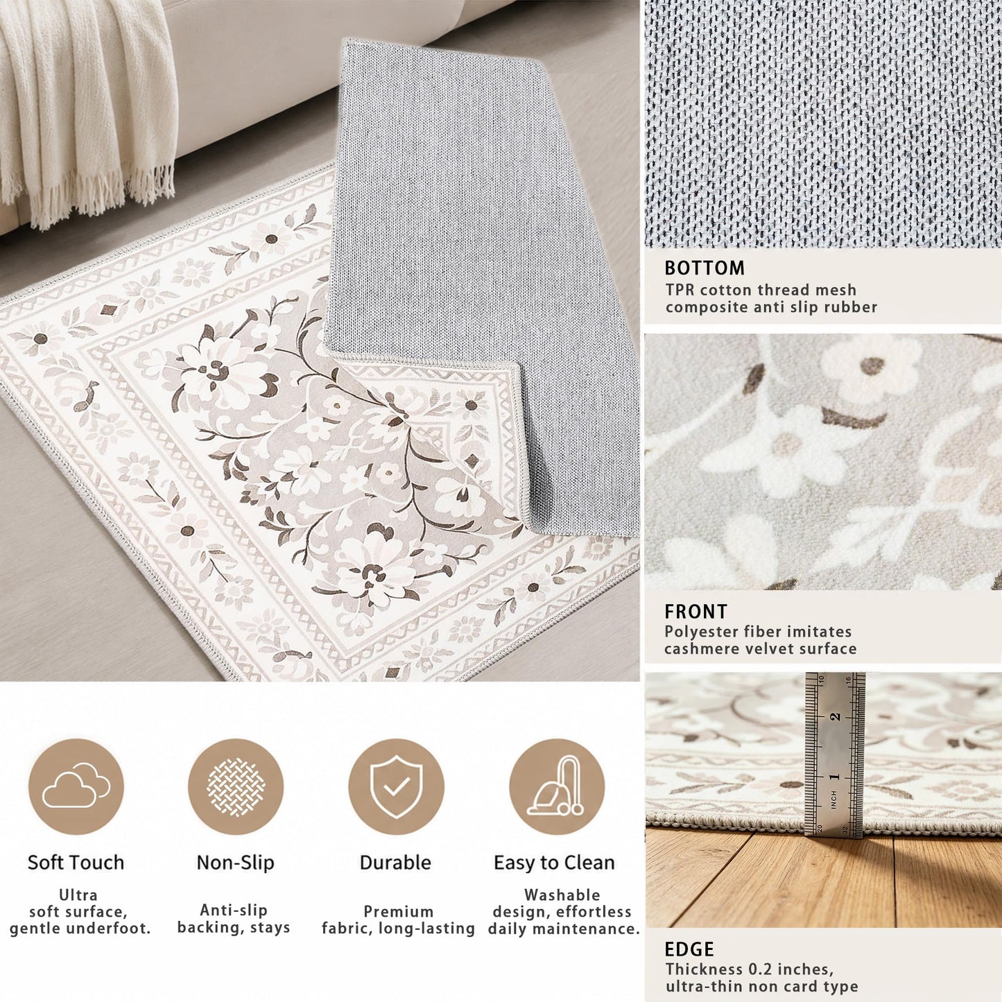 Huaji White Small 2x3 Area Rug, Modern Boho Floral Design