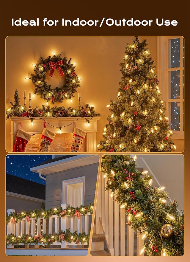 C9 Christmas Lights Outdoor, 25 FT 25 LED Vintage Warm White C9 String Lights Connectable for Christmas Tree Roofline Patio Garden Backyard Holiday Party Indoor Outdoor Decoration, Green Wire
