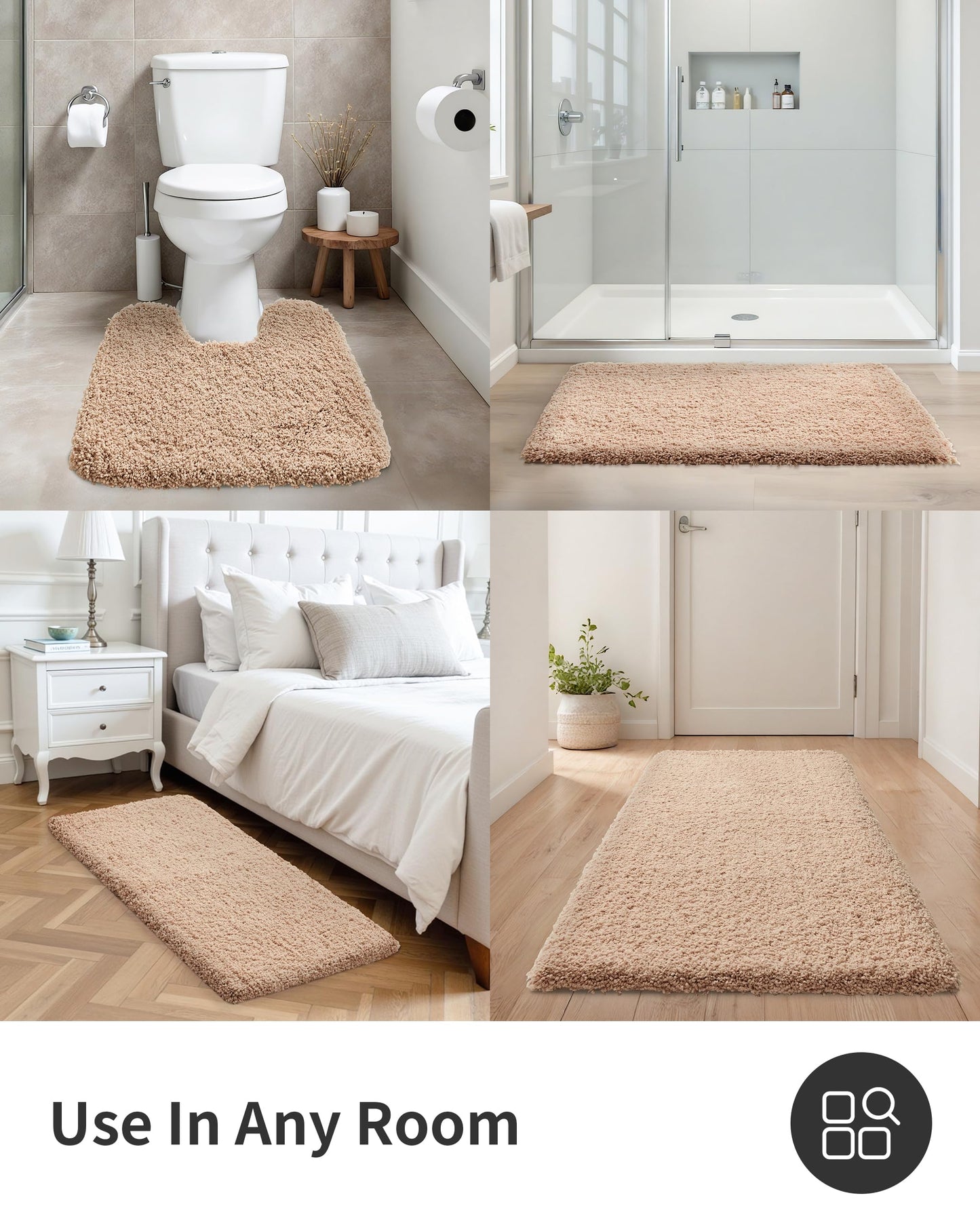 ILANGO Beige Bathroom Rugs 32" × 20" Non Slip & Super Absorbent Extra Thick Soft, Washable Bath Mat for Floor, Microfiber Plush Shaggy Bath Rug with Rubber for Bathtub Shower Room Sink