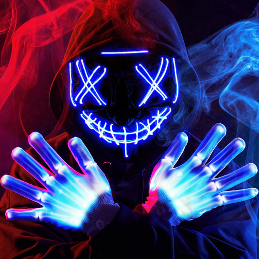 JOYIN Halloween Led Light Up Scary Mask and Gloves for Halloween Cosplay Costume (Blue), 3 Modes Glow in The Dark Mask for Adult Women Men Boys Girls Trick or Treat, Party Dress Up Accessories Gifts