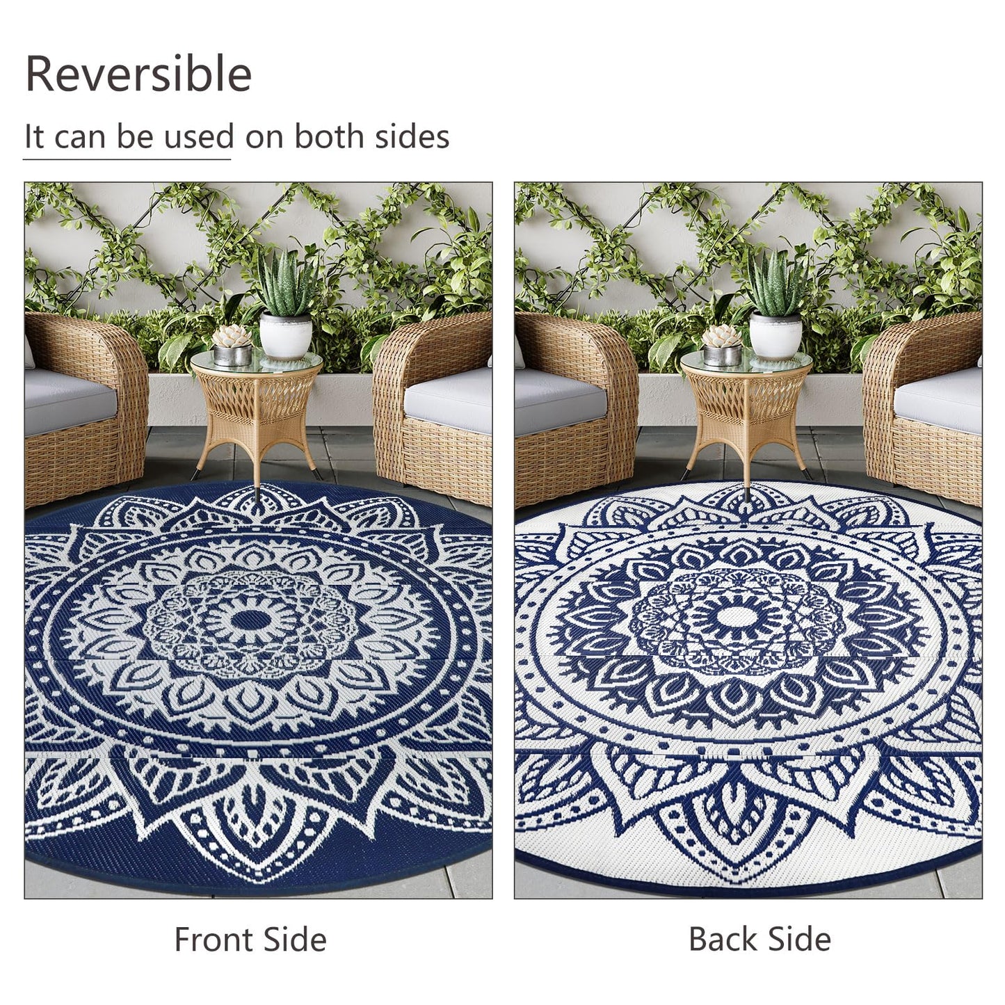 famibay 6 Ft Round Boho Outdoor Plastic Straw Rug, Waterproof, Portable, Reversible, UV-Resistant, Patio, Porch, Camping, Dark Blue