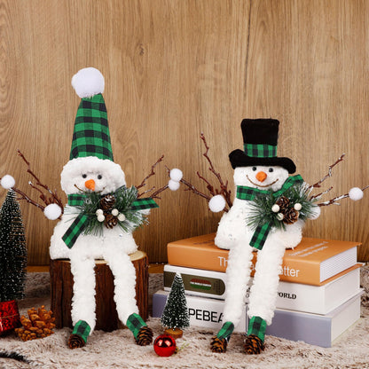Lulu Home Christmas Snowman Decorations, Set of 2 Plush Shelf Sitters with Dangling Legs, Black & Green Checked Snowman Ornaments for Table Mantel Desk Fireplace Home Holiday Decor