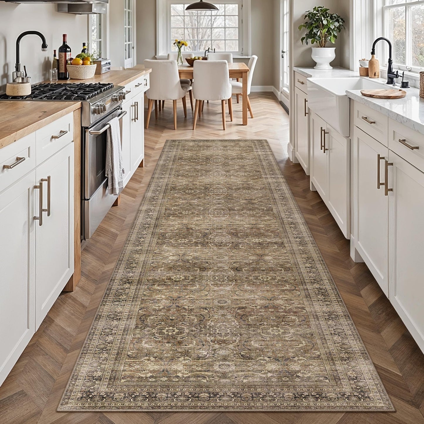 HUGEAR 2'6''x10' Runner Rug Hallway Vintage Brown Machine Washable Retro Floral Low Pile Carpet Distressed Long Throw Rug Bedroom Kitchen Laundry Non Slip Soft Lightweight