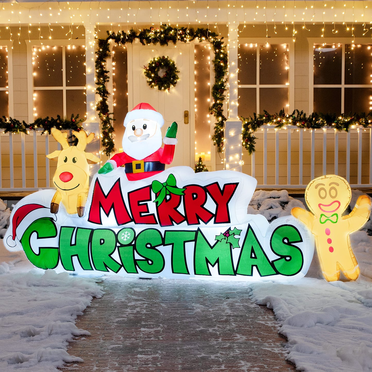 Joiedomi 9.5 FT Christmas Inflatable Merry Christmas Sign with Santa, Reindeer & Gingerman, LED Lit for Outdoor Yard Garden Lawn Winter Decor