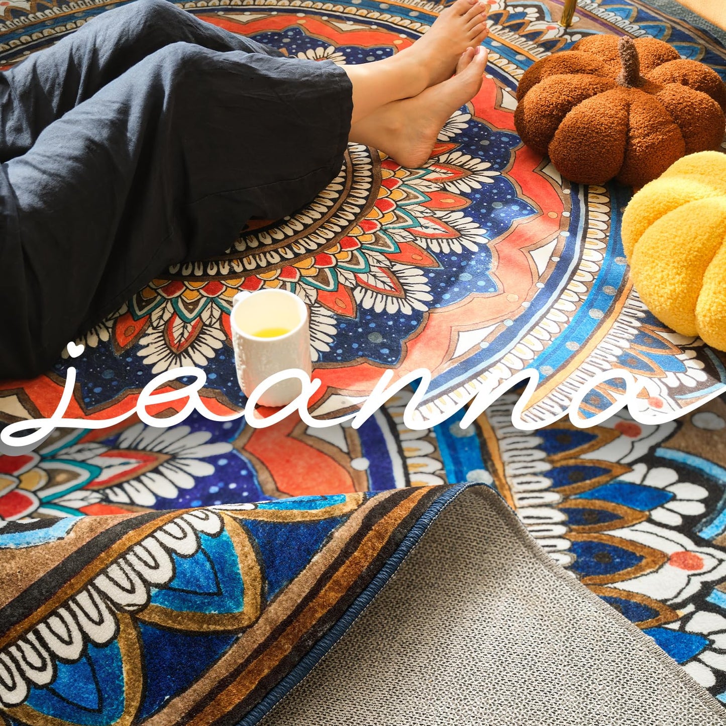 jinchan Mandala Round Rug 6ft Blue Rustic Boho Washable Rug Tribal 6' Round Vintage Peaceful Circle Rug Soft Non Slip Low-Profile Carpet for Living Room Bedroom Dining Room Patio, Saffron Blue