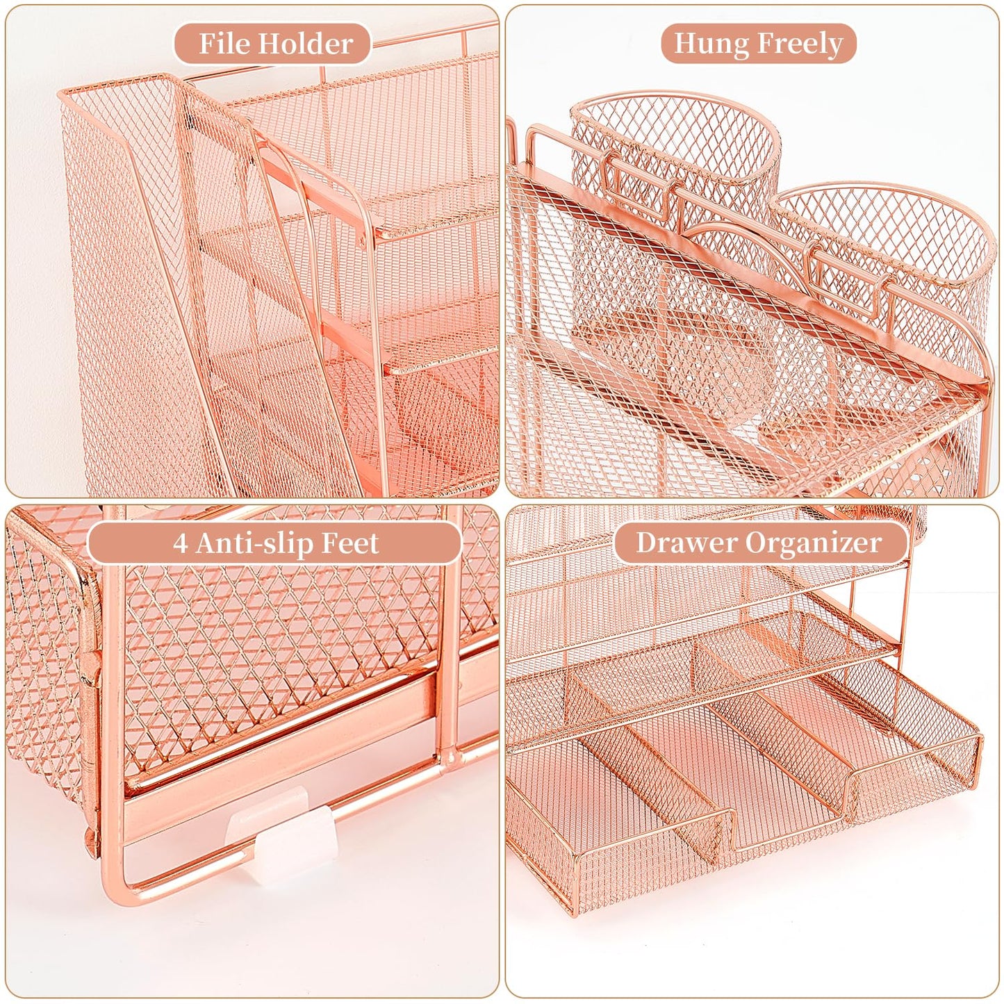 gianotter Desk Organizers and Accessories with File Holder, 4-Tier Desk Accessories & Workspace Organizers with Drawer and 2 Pen Holder, Paper Organizer for Office Supplies (Rose Gold)