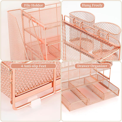 gianotter Desk Organizers and Accessories with File Holder, 4-Tier Desk Accessories & Workspace Organizers with Drawer and 2 Pen Holder, Paper Organizer for Office Supplies (Rose Gold)