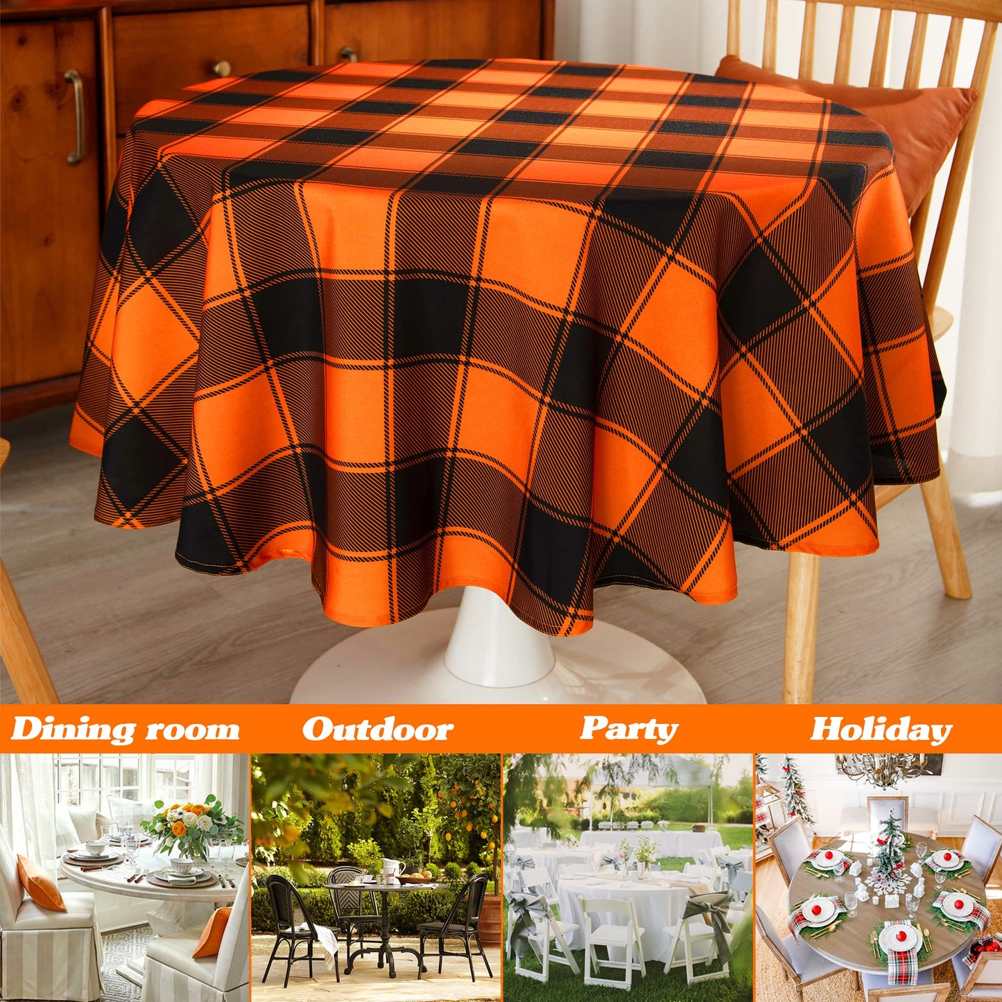 MikiUp Checkered Round Halloween Tablecloth - Waterproof, Wrinkle Resistant and Washable Gingham Table Cloth Decorative Table Cover for Party, Orange/Black 60 Inch