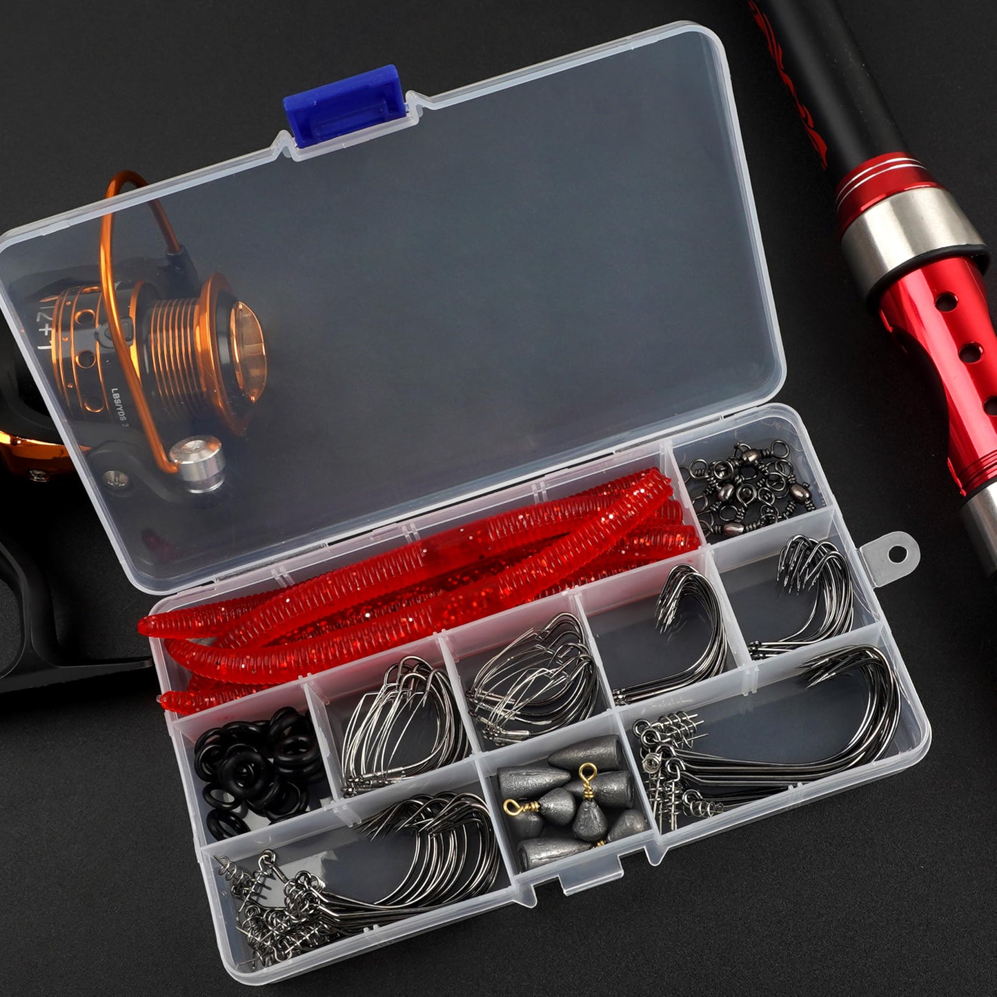 Wacky Rig Bass Fishing Hooks Kit, 116pcs Worms O Rings Weedless Wacky Rig Hooks Fishing Weights Swivels Tackle Box Kit for Bass Artificial Soft Stick Baits