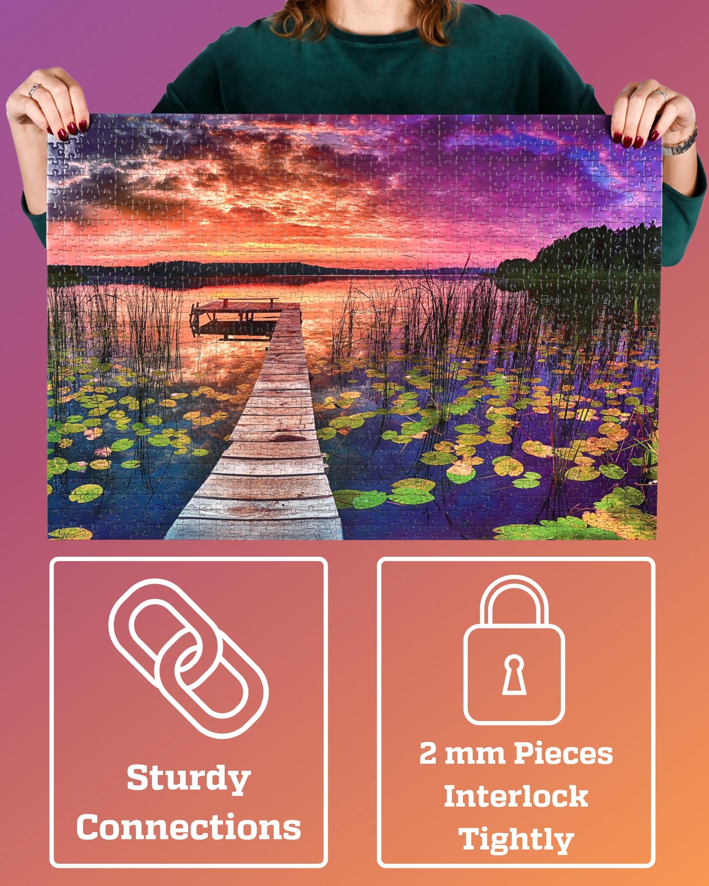 Puzzles for Adults 1000 Pieces – Ideal Gift for Loved Ones, Gift-Ready Box, Letters on Back, 8 Jigsaw Puzzle Saver Sheets & Full-Size Poster – Scenic Landscape Sunset with Dock & Lilies by GERJATO