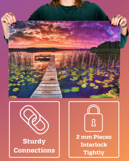 Puzzles for Adults 1000 Pieces – Ideal Gift for Loved Ones, Gift-Ready Box, Letters on Back, 8 Jigsaw Puzzle Saver Sheets & Full-Size Poster – Scenic Landscape Sunset with Dock & Lilies by GERJATO