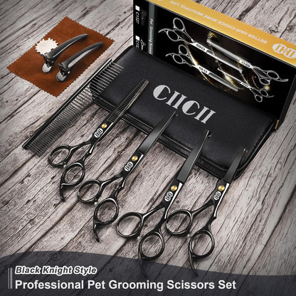 CIICII Dog Grooming Scissors Kit, 10-in-1 Professional Pet Grooming Scissors Set with Safety Round Tip (Dogs/Cat Hair Cutting Trimming Thinning Shears with Curved Scissor) for DIY Home Salon (Black)