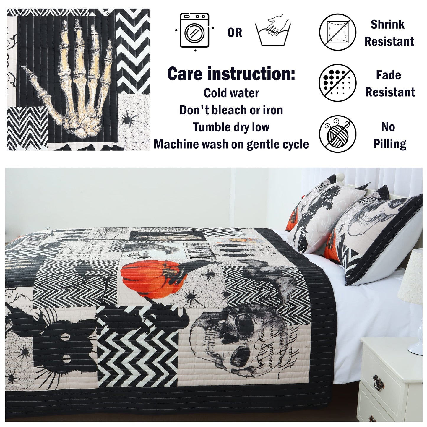 Cmfshape Halloween Bedspread,Black Quilt Set Queen Size,Pumpkin Ghost Festival Themed Bedding Set,Decorative Quilted 4 Piece Coverlet Set with 3 Pillow Shams(Black,Queen90 x90)