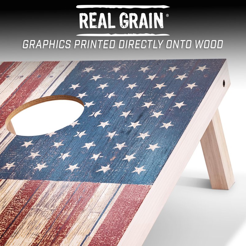 GoSports 4 x 2 ft Regulation Size Wood Cornhole Board Set - Rustic American Flag Design, Includes 2 Boards, 8 Bean Bags, Carrying Case and Game Rules