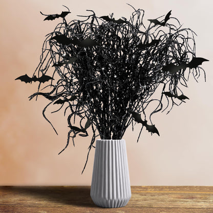 24 Pcs Halloween Artificial Curly Willow Branches with 12 Pcs Bats- Fake Black Bat Halloween Branches Picks- Glitter Artificial Black Twig Stems Sticks for Holiday Tree Vase Home Decor