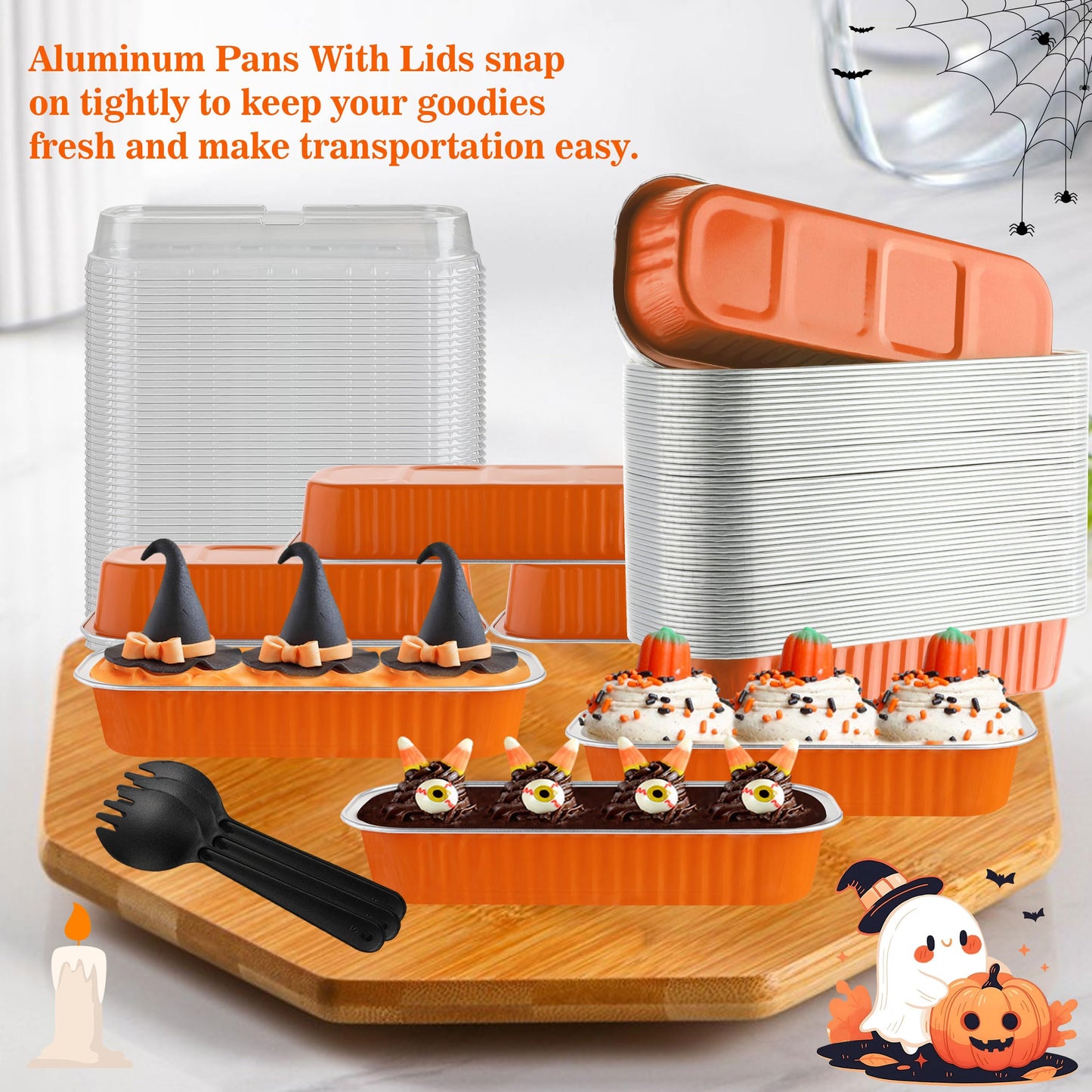 Mini Loaf Pans with Lids, BAKINGPAK 50PCS 6.8OZ 200ML Mini Cake Pans Disposable Aluminum Foil Cupcakes Pans with Lids for Halloween Party Birthday, Orange