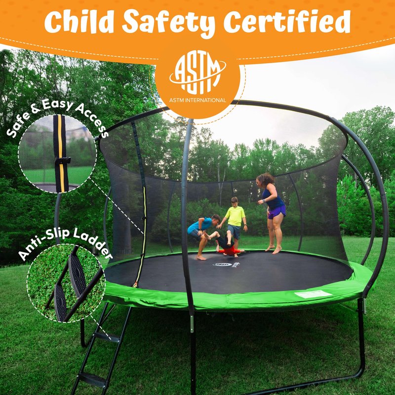 JUMPZYLLA Trampoline Outdoor 8FT 10FT 12FT 14FT 15FT 16FT with Enclosure and Ladder, ASTM Approved Recreational Trampoline for Kids and Adults, Anti-Rust Coated Frame (Green, 8FT)