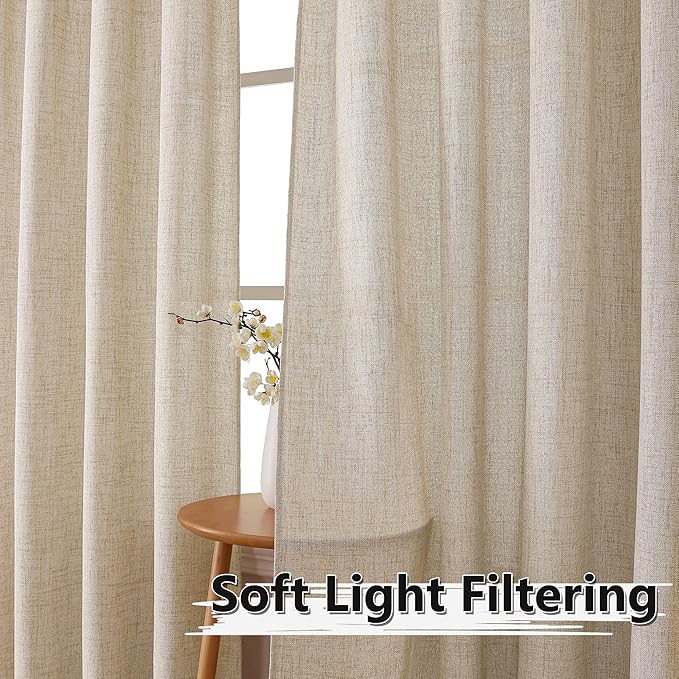 Tollpiz Short Linen Curtains Bedroom Rod Pocket Semi Sheer Curtain Burlap Light Filtering Thick Linen Drapes for Living Room, 38 x 45 inches Long, Natural, Set of 2 Panels