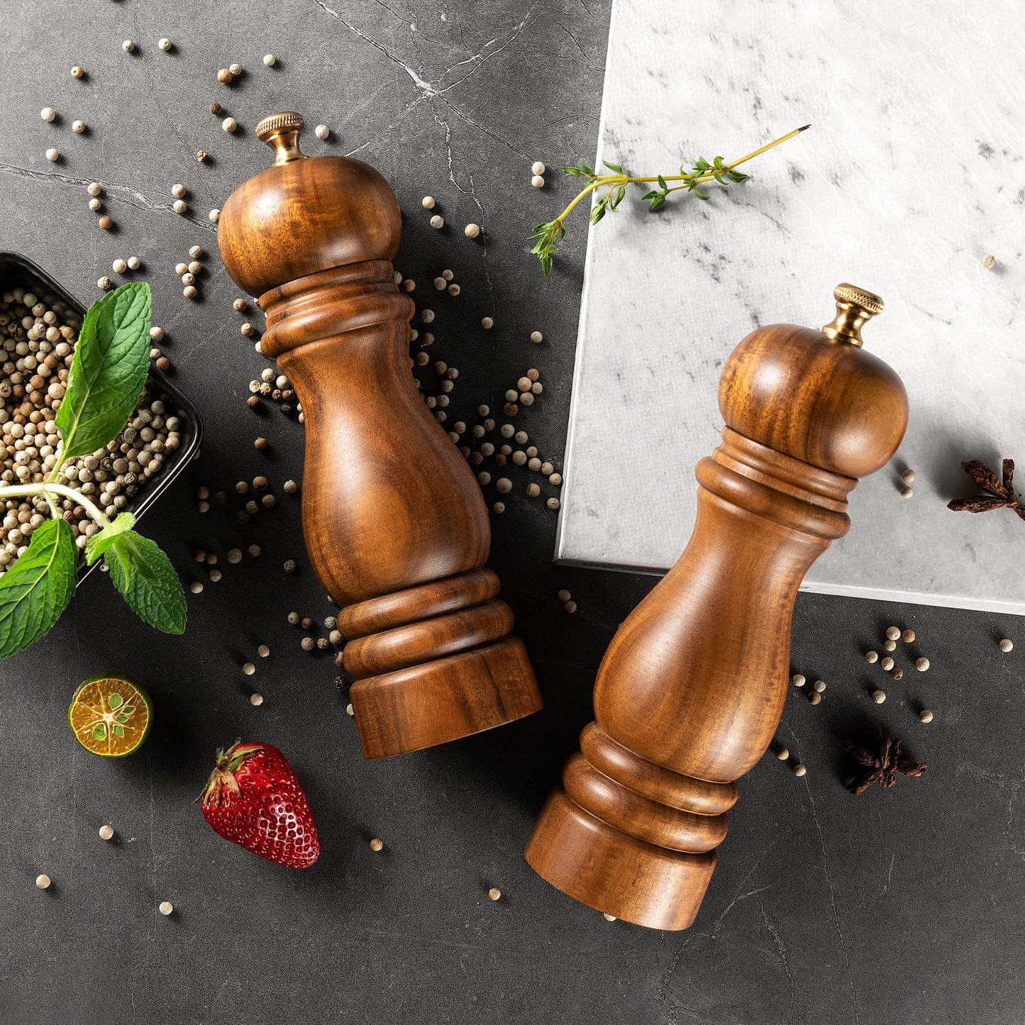Bill.F Salt and Pepper Grinder Set, Wood Pepper Mill Set of 2 Manual Salt Pepper Shakers Grinder Refillable 7 Inch with Adjustable Ceramic Grinding Rotor