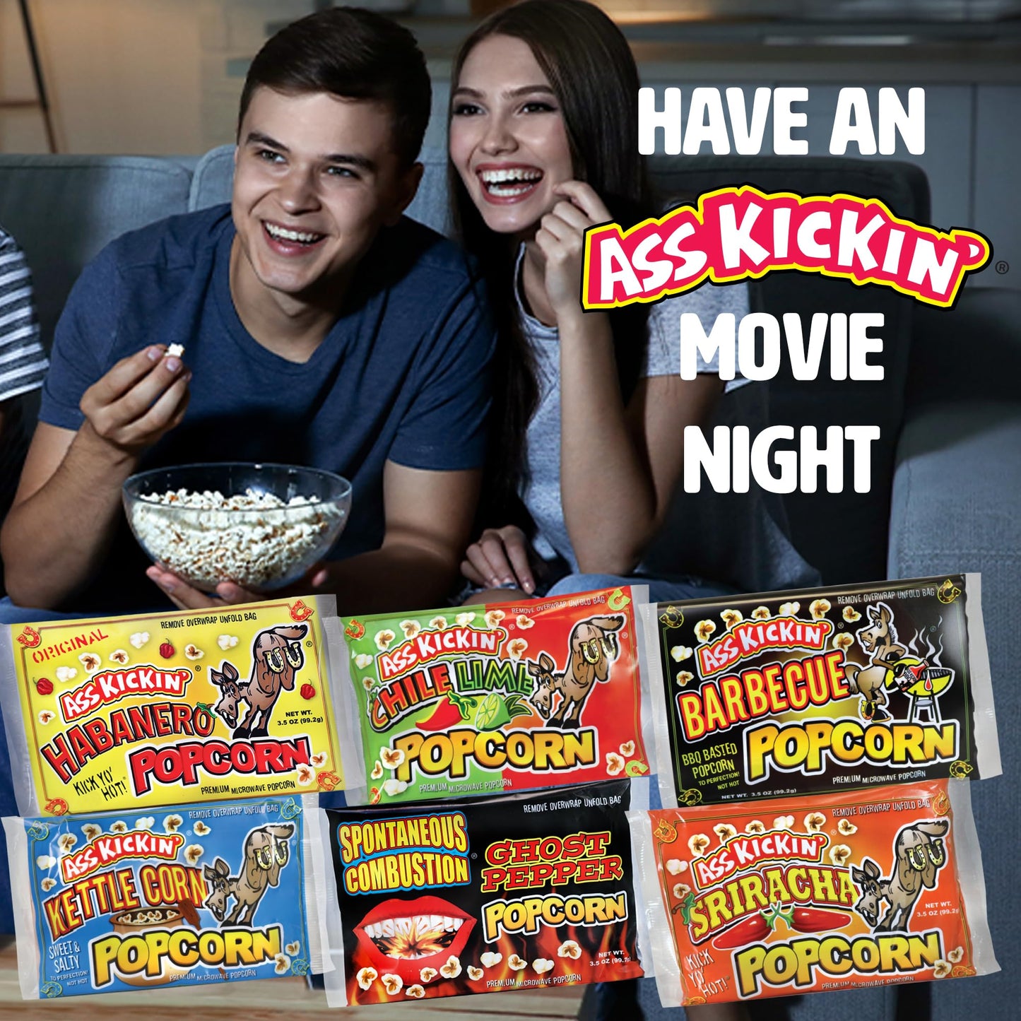 ASS KICKIN' Premium Microwave Popcorn – Variety Gift Pack (6) - Ultimate Spicy and Sweat Gourmet Gift - Try if you dare!