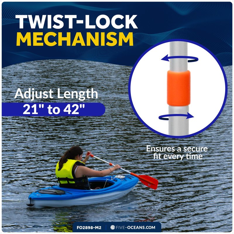 Five Oceans Boat Paddle, 2-Pack Telescoping Paddle, Orange, Aluminum Shaft, ABS Blade & Handle, 21" to 42" Extendable, Emergency & Boat Hook Function - FO2898-M2