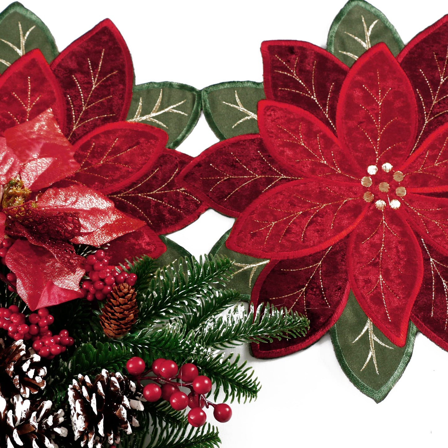 OWENIE Christmas Red Table Runner, Embrodered Velvet Fabric Poinsettia Table Runners for Holiday Table Decor, Small Short Table Runner 36 Inches Long, Red, 13 x 36 Inches