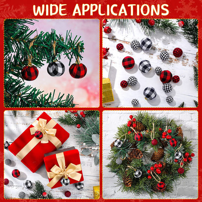 60 Pieces Mini Christmas Ball Ornaments Multi-Size Buffalo Check Fabric Wrapped Balls Decorative Xmas Tree Wreath Hanging Pendant for Holiday Party Decorations (Red-Black Plaid, Black-White Plaid)