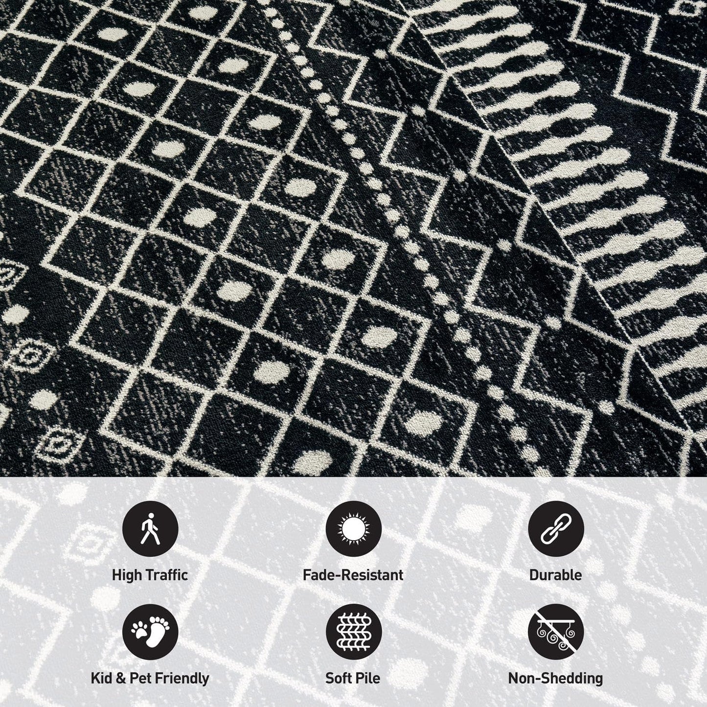 Rugshop Boho Black and White Tribal Area Rug – Geometric Diamond and Stripe Pattern Carpet for Living Room, Bedroom, or Entryway – Soft Modern Bohemian Floor Décor 2' 3" x 8' Runner Black