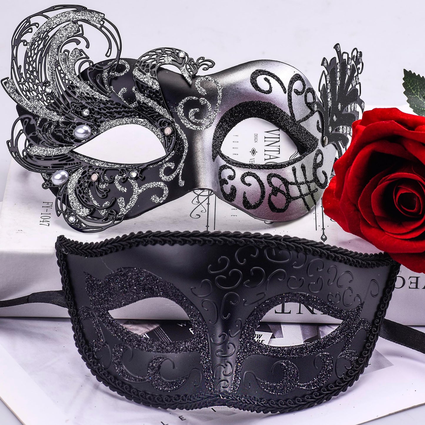 SIQUK Couple Masquerade Masks Metal Venetian Party Mask Halloween Costume Mask Mardi Gras Mask for Couples Women and Men
