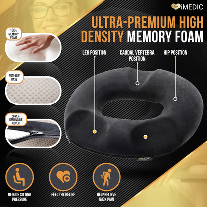 iMedic Memory Foam Donut Cushion (1 Pack) – Ergonomic Seat Cushion for Haemorrhoids, Coccyx & Postnatal Pain – Office Chair Cushion for Tailbone Relief – Orthopedic Support for Sitting Comfort