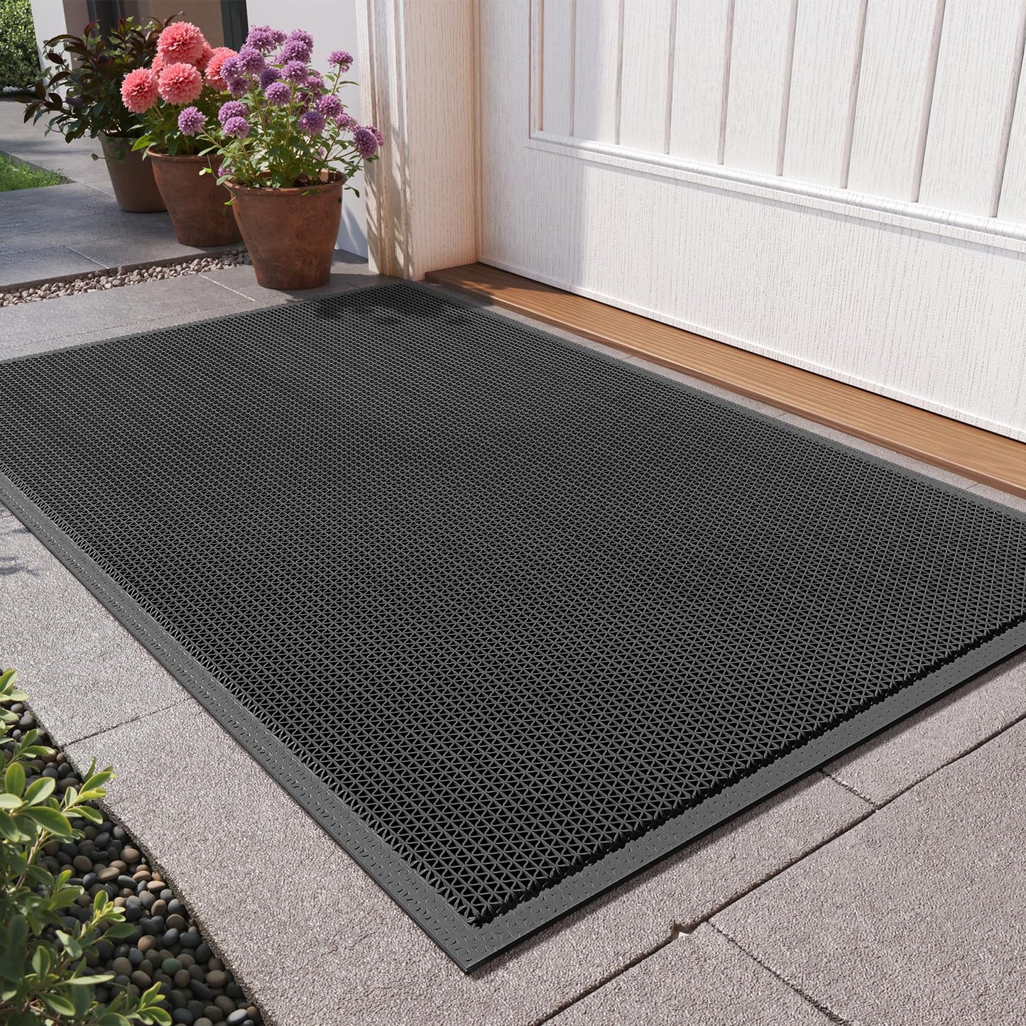QiCaiJia Front Door Mat 20''x31'', Drainage Heavy Duty Dirt Trapping Non-Slip Doormats, Outdoor Rubber Floor Mats, Restaurant Commercial Kitchen Industral Pool Entrance Bar Wet Area, Black