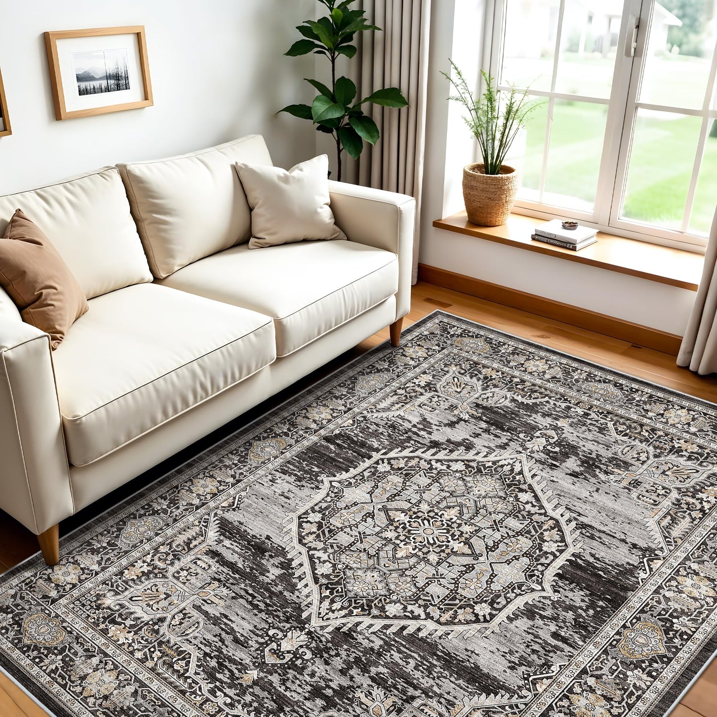 Washable Area Rugs 5x6 Entryway: Soft Ultra Thin Low Pile Mat Machine Washable Indoor Doormat Lightweight Entry Rug Anti Slip Backing Rugs for Living Room Bedroom Kitchen 5'x6' Black