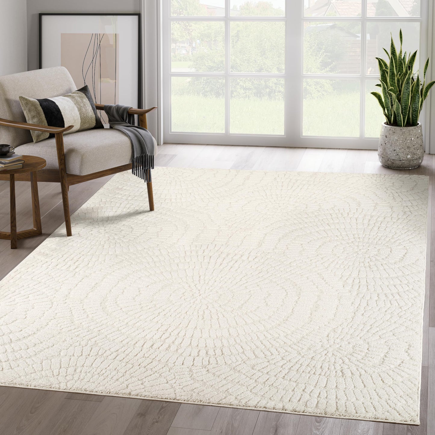 Abani Cozy Cream Area Rug for Living Room, Bedroom - Textured Floral Circle Pattern - 6' x 9' - Durable & Easy to Clean