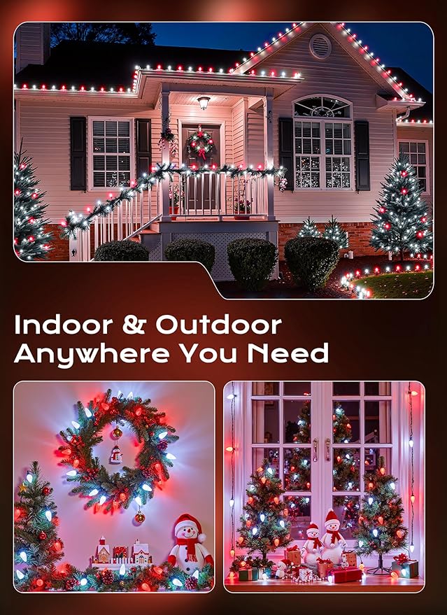C9 Outdoor Christmas Lights, 72 FT 110 LED C9 String Lights, 8 Modes & Timer Extendable Waterproof for Christmas Tree Indoor Outdoor Roofline Patio Outside Garden Backyard Xmas Decor, Red White 2 Pack