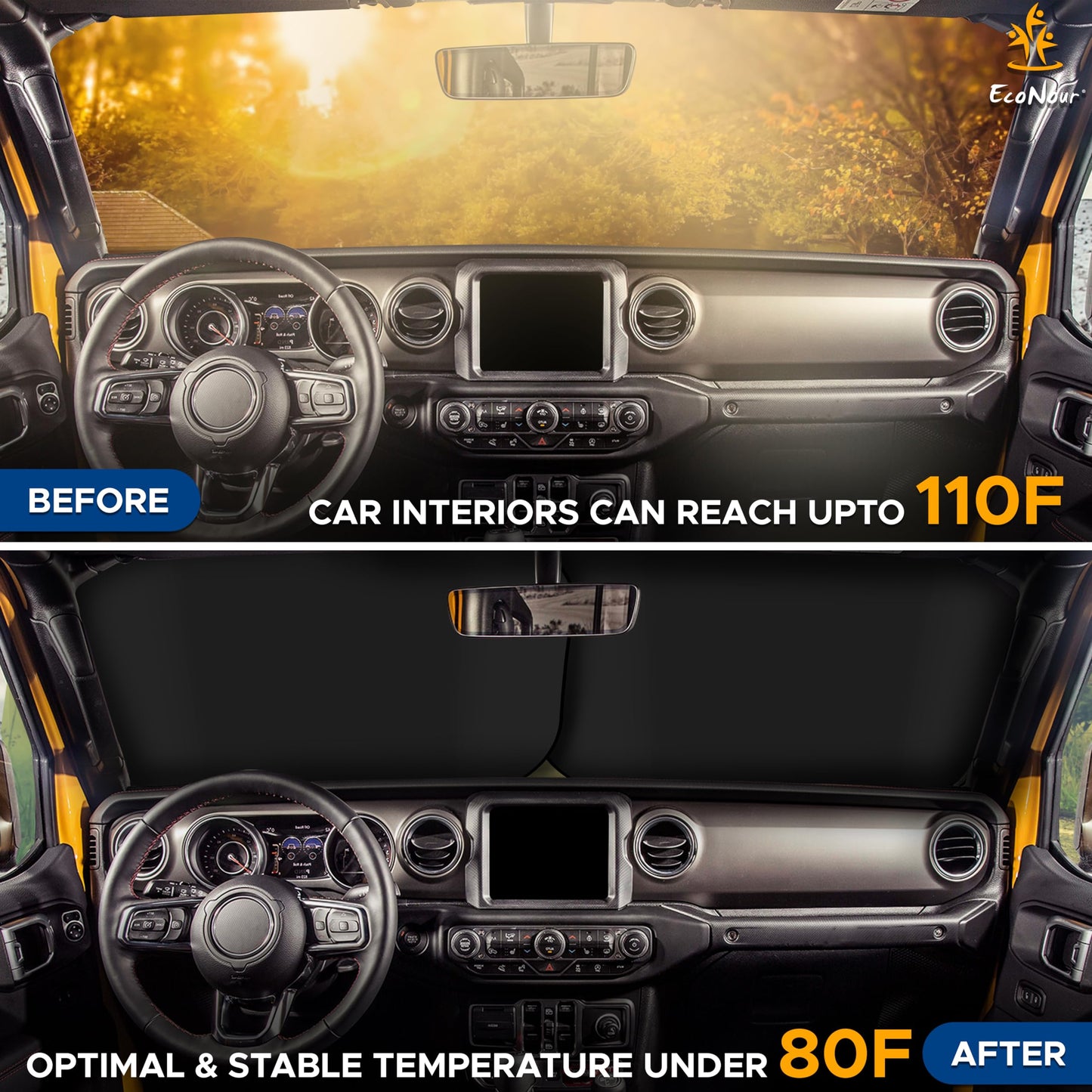EcoNour 2-Piece Windshield Sun Shade for Jeep, Offers Complete Automotive Sun Protection, Foldable Jeep Windshield Shade Suits Wrangler, Compass, Gladiator & Renegade, (X-Small 18 in x 26 in)
