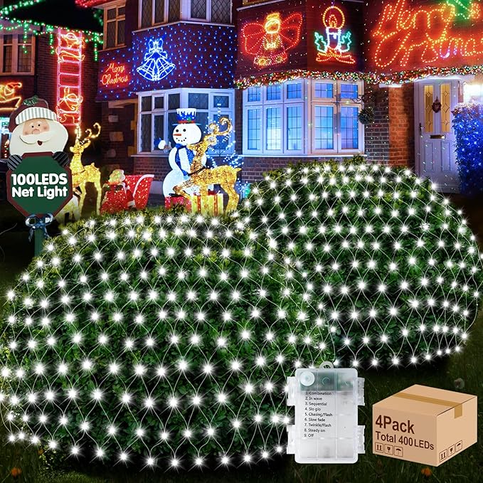 Hezbjiti Pack of 4 Battery Operated Christmas Net Lights Total 400LED Waterproof Twinkle String Mesh Lights for Xmas Trees Bushes Garden Yard Lawn Patio Christmas Decor (4Packs Cool White)