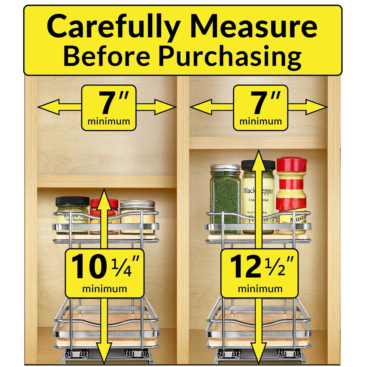 LYNK PROFESSIONAL® Pull Out Spice Rack Organizer for Inside Kitchen Cabinets - 4-1/4 inch Wide - Slide Out Drawer – Chrome Sliding Spice Cabinet Organization Shelf Racks - 2 Tier