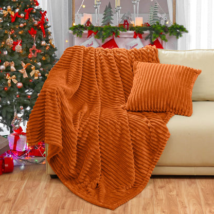 Bnuitland Burnt Orange Flannel Throw (50X71 inches) with Pillow Cover(18×18"),300GSM Super Soft Fleece Stripe Pattern Sofa Blanket, Lightweight Cozy Bed Throw for Home Decor All Season