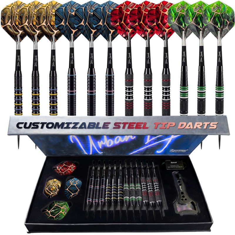 IgnatGames Steel Tip Darts, 12 Pack Urban Legends with Multi-Zone Grips, TwinForce 1.4" Aluminum Shafts, 32 GlideXPro Flights, Magnetic Gift Box